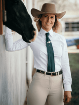 Ladies stock horse competition pants in wheat denim, durable stretch fit