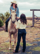 Navy western riding jeans designed for stock horse and rodeo wear