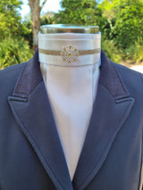 ERA EURO KARA Stock Tie – White pleated satin with silver crystal trim and silver brooch