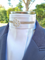 ERA EURO KARA Stock Tie – White pleated satin with silver crystal trim and silver brooch