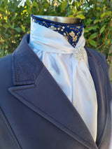 ERA Elle Stock Tie - Soft Ties with navy & gold brocade & brooch