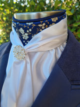 ERA Elle Stock Tie - Soft Ties with navy & gold brocade & brooch