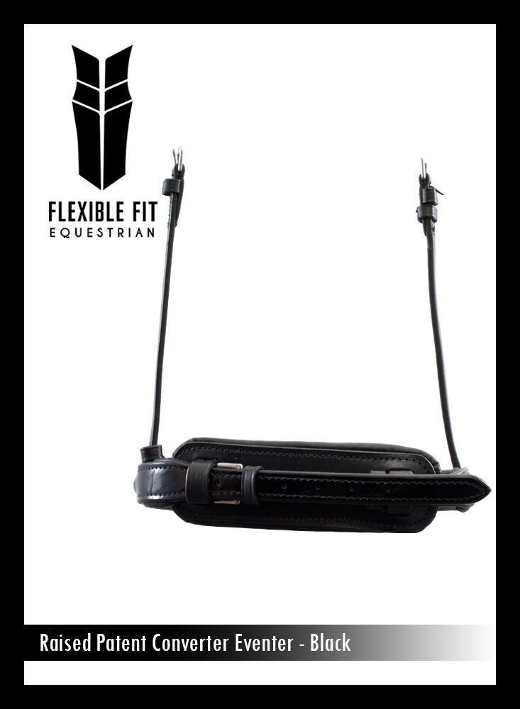 STRAIGHT RAISED PATENT CONVERTER EVENTER - BLACK SNAFFLE/DOUBLE NOSEBAND - Flexible Fit Equestrian Australia